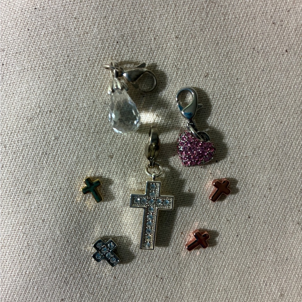 Sparkling Cross and Heart Charms - Silver Tone with Pink and Clear Accents